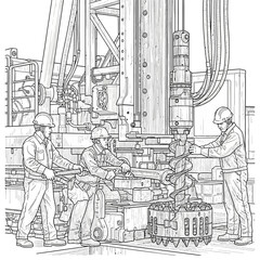 Workers in hard hats are working on a drilling machine in an industrial setting.