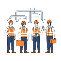 A team of four industrial workers in hard hats and safety vests standing in front of a pipeline system.