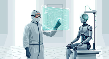 Futuristic interaction between scientist and android in a sterile research lab setting using