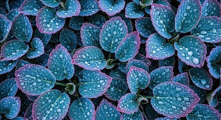 A mystical top-down view of vibrant blue and purple leaves covered in glistening morning dew drops, creating a serene and magical natural textured background