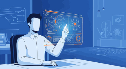 Futuristic interface interaction concept with a faceless character in a tech workspace