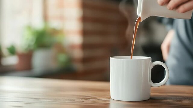 Hand pouring hot coffee from pitcher into white ceramic mug on rustic wooden table