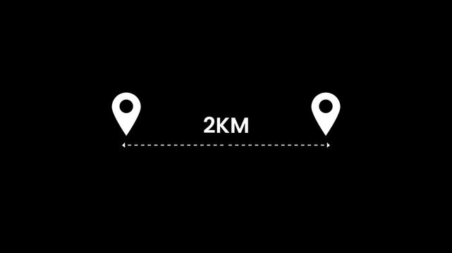 2 km distance icon from one place to another animation isolated on black background