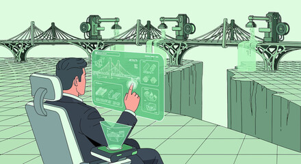 Futuristic infrastructure management with holographic interface and automated bridge construction