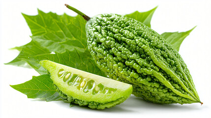 Fresh Bitter Melon with Leaf and Cut Interior Slice, Whole and Sliced Bitter Gourd Displayed on Leaf Background