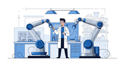 Futuristic laboratory research with robotic assistance in scientific discovery and automation