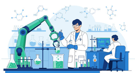 Futuristic laboratory scene showcasing robotics and chemical experiments for scientific advancements