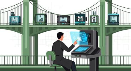 Futuristic manufacturing vista: A designer interacting with 3D printers on a bridge backdrop