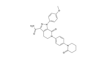 apixaban molecule, structural chemical formula, ball-and-stick model, isolated image anticoagulant