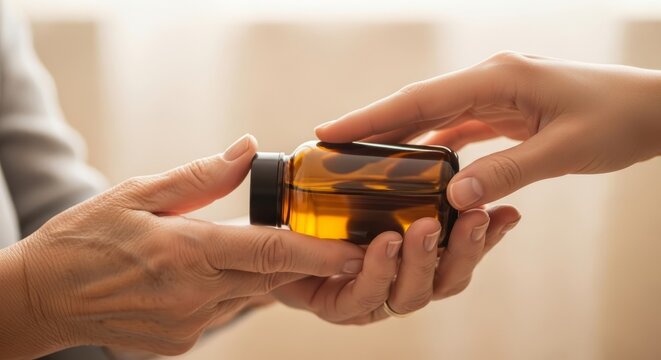 Two hands exchanging a glass bottle of essential oil indoors  