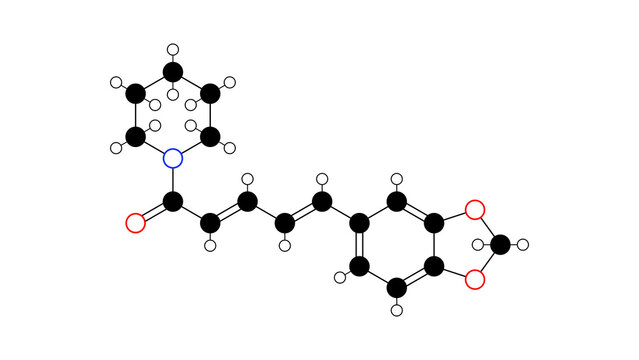 piperine molecule, structural chemical formula, ball-and-stick model, isolated image e859