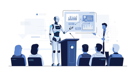 Futuristic robot presentation leading scientific data analysis with human interaction in