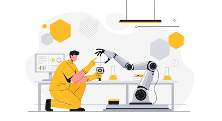 Futuristic robotic arm research in a lab setting with human supervision of advanced technology