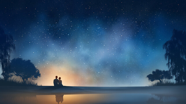 A mesmerizing nightscape against the backdrop of a starry sky. A loving couple sits and gazes at the stars.