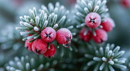 Delicate ice crystals of hoarfrost cover vibrant red berries and green coniferous needles on a cold winter morning, with a water droplet reflecting the serene natural scene