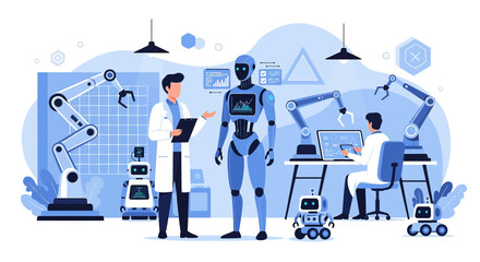 Futuristic robotics engineering lab showcasing human-robot collaboration and technological