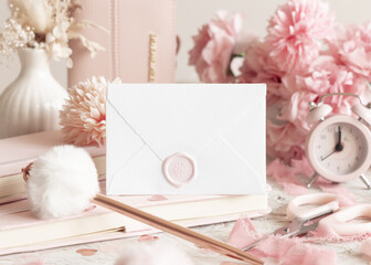 Sealed envelope near romantic pink decor, hearts and flowers closeup, Valentines spring mockup