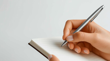 Writing Journey: A close-up shot of a hand gracefully holding a pen, poised to write on the crisp, empty pages of a notebook. capturing the essence of thoughts and ideas coming to life.