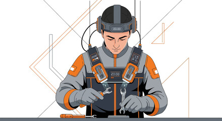Futuristic technician meticulously repairing equipment with digital interface assistance for