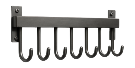 Wall-mounted metal rack with hooks for organizing gardening tools in a shed.