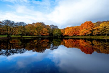 A serene forest lake reflecting the surrounding trees and a vibrant blue sky