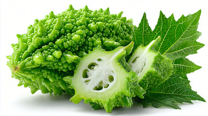 Fresh Bitter Melon with Unique Bumpy Texture and Slice, Textured Bitter Gourd Displayed with Cut Piece and Leaves