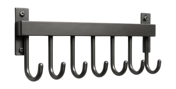 Wall-mounted metal rack with hooks for organizing gardening tools in a shed.