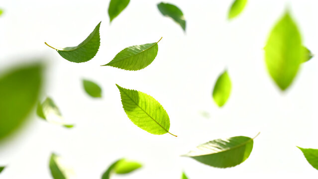 Fresh green leaves falling and floating in the air against a clean white background. Dynamic motion effect with soft blur, perfect for spring, summer, eco-friendly, wellness, and natural beauty concep