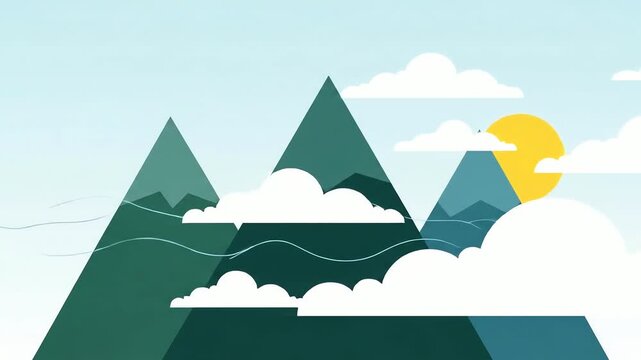 Animated Geometric Mountain Landscape with Rising Sun and Clouds.