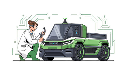 Futuristic vehicle maintenance by a skilled engineer in a laboratory setting with advanced