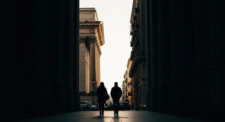 Silhouette of an anonymous couple walking together down a narrow, shadowy urban street flanked by historic buildings towards a bright, glowing light at sunset