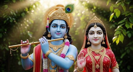 Radha Krishna 4K Morning Light. Vrindavan Garden 16:9 Desktop Wallpaper.