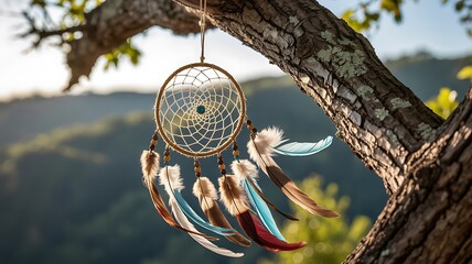 A beautifully crafted dreamcatcher with colorful feathers hangs from a sturdy tree branch catching the warm sunlight