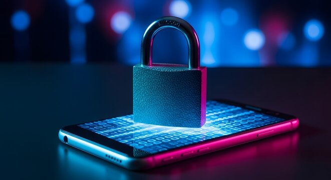 Cybersecurity concept with metal padlock on smartphone screen displaying digital binary code data