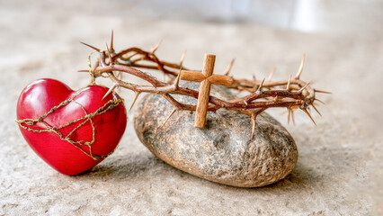 Heart and cross adorned with thorns showcase a deep connection to faith and love in a simple, meaningful display of spirituality and devotion