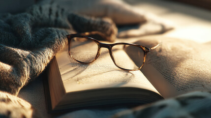 An open book with eyeglasses sitting on a bed, illuminated by soft sunlight. A cozy scene for reading