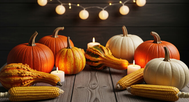 Various pumpkins, gourds, and corn on a wooden table with candles and string lights in background, representing autumn harvest, holiday celebration - Powered by Adobe