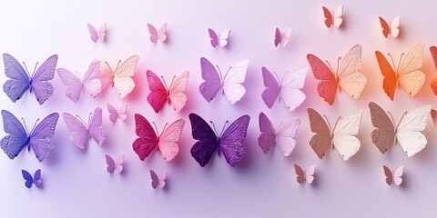 A colorful array of butterflies in various shades of purple, pink, and white, arranged in a horizontal line against a gradient background transitioning from purple to white.