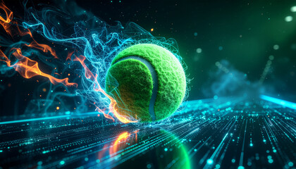 A tennis ball blazing through a digital environment with fiery trails and glowing effects. Energetic, dynamic, and futuristic scene ideal for sports, gaming, and sci-fi concepts.