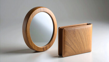 Wooden wallet and mirror.