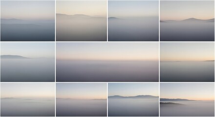 Misty mountain peaks emerge from soft clouds at sunrise