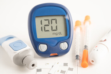Digital glucometer blood sugar measurement for diabetes.