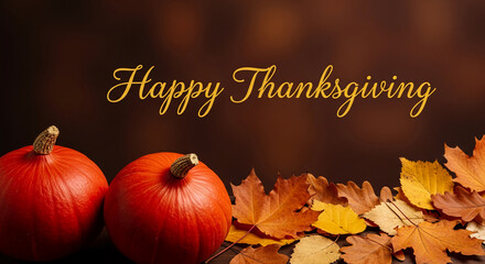 Two orange pumpkins and colorful autumn foliage, with a golden text. Festive autumn composition representative of harvest and holiday season