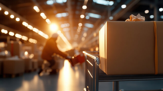 A beautifully wrapped package catches the warm light in a high-tech warehouse, representing the blend of tradition and innovation in modern gift logistics during the holiday season.