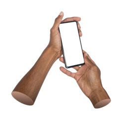 Phone in both hands. African American man holding mobile device at tilted angle, showing empty