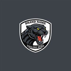 Aggressive black panther head mascot logo inside shield badge