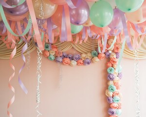 Whimsical pastel balloons and floral garland create a festive and dreamy atmosphere for a special celebration or party