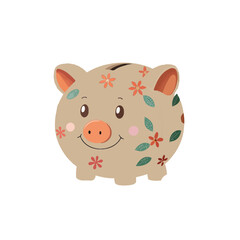 Fototapeta premium Cute floral piggy bank illustration with decorative leaves and flowers patter