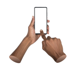 Phone in both hands. African American man tapping smartphone screen with forefinger, interacting