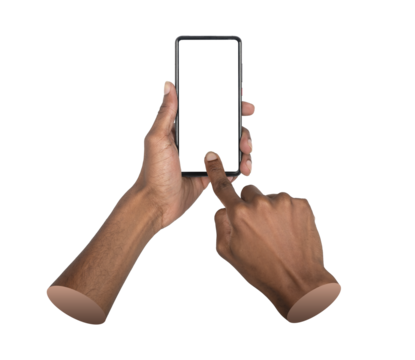 Phone in both hands. African American man tapping smartphone screen with forefinger, interacting